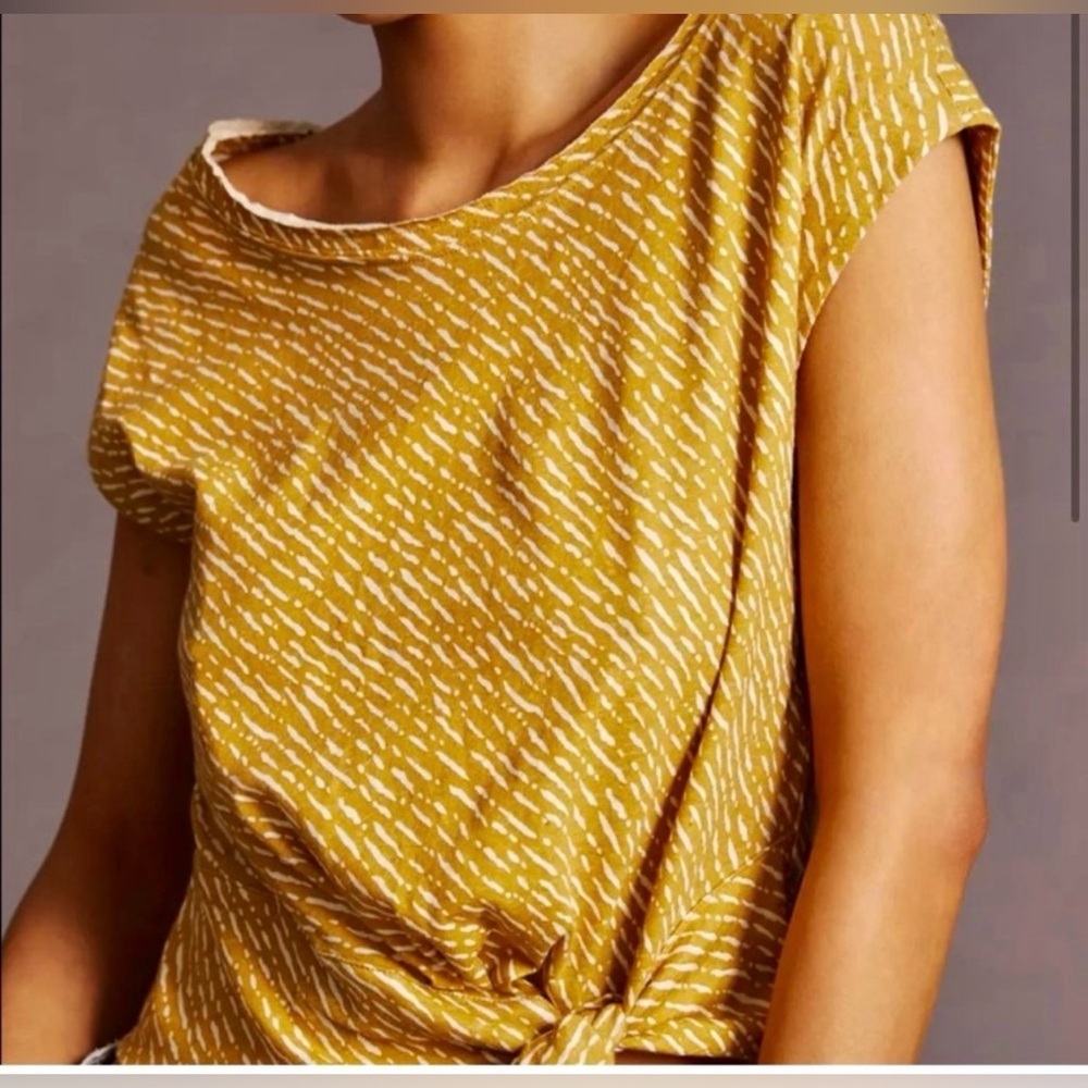 BY ANTHROPOLOGIE Side Tie Crop Tee Linen Blend Mustard Yellow Size Medium
